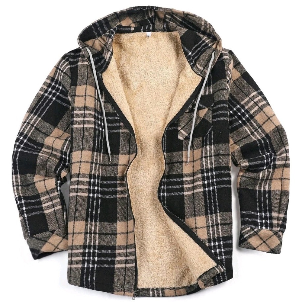 NWT COOFANDY Mens Plaid Hoodie Flannel Shirt Jacket Long Sleeve Black Brown SZ S